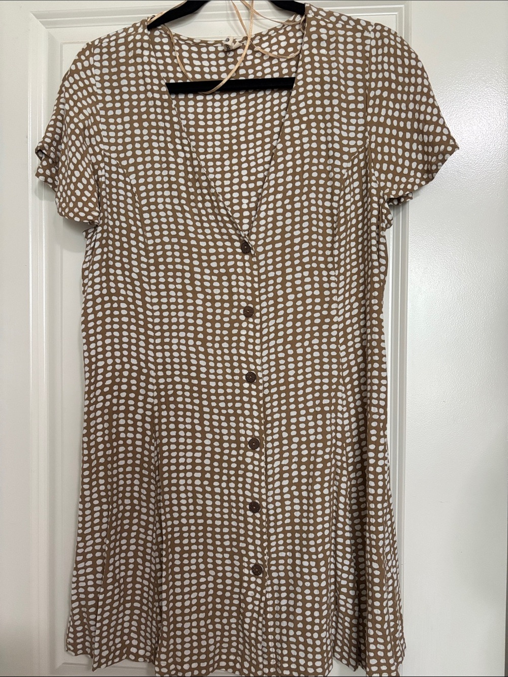 Rip Curl Tan and White Polka Dot Button-Front Dress